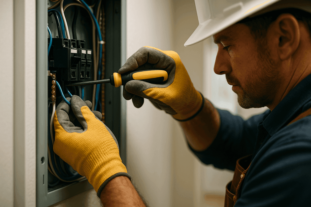 Close-up of electrician’s gloved hands connecting wires inside a residential electrical panel